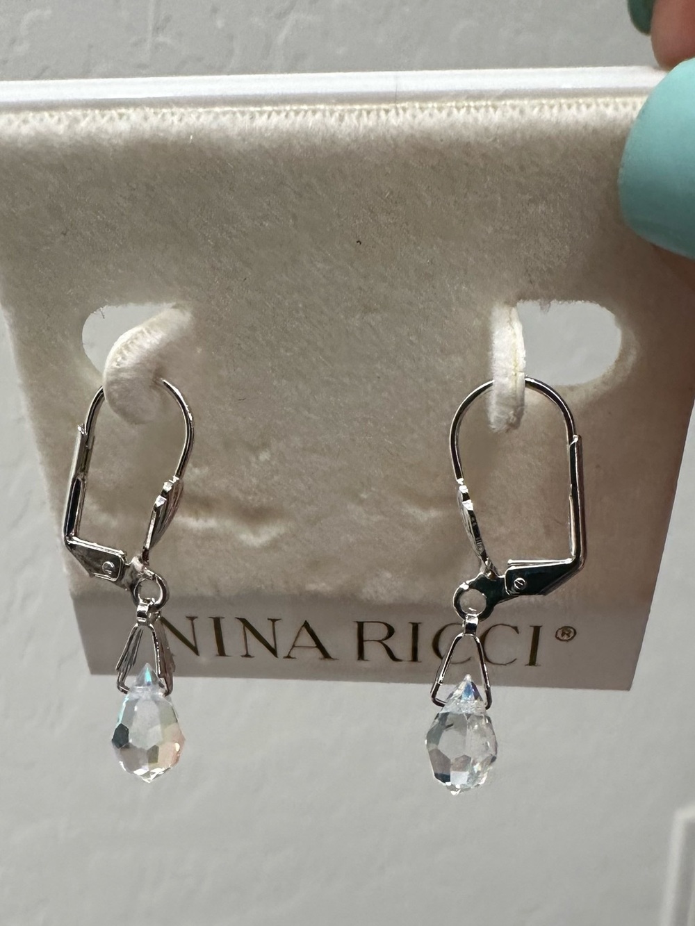Nina Ricci Silver-Tone Clear Swarovski Crystal Teardrop Dangle Earrings